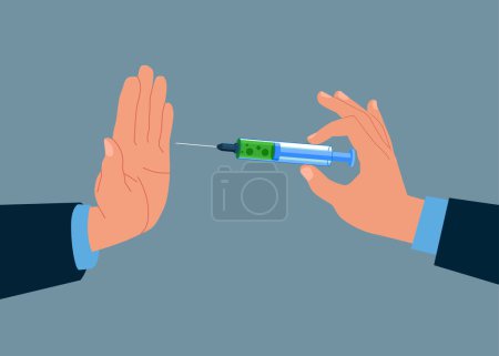 Illustration for International Day against Drug Abuse and Illicit Trafficking. Drug addiction and refused hand. Hand offers drug to person refuses vector illustration. - Royalty Free Image