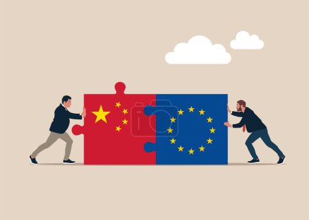 Businessmen pushing two jigsaw puzzle China and European Union flags. Working together, cooperation, partnership. Vector illustration in flat style.