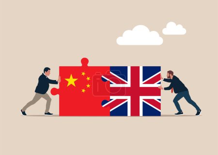Businessmen pushing two jigsaw puzzle China and Great Britain flags. Symbol of working together, cooperation, partnership. Vector illustration in flat style.