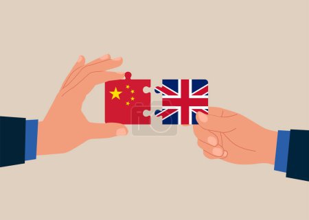 Bilateral cooperation. Connecting puzzle elements jigsaw puzzle China and Great Britain flags. Vector illustration