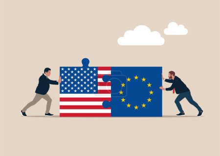 Bilateral cooperation. Connecting puzzle elements jigsaw puzzle United State of America and European Union flags. Vector illustration