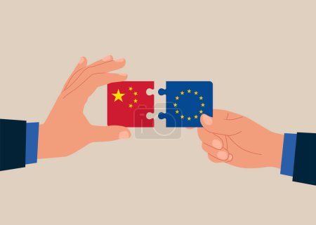 Connecting puzzle elements jigsaw puzzle China and European Union flags. Bilateral political relations and cooperation between. Vector illustration
