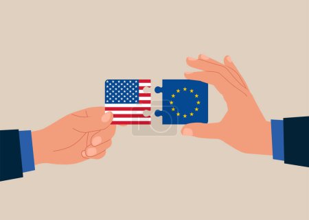 Connecting puzzle elements jigsaw puzzle United State of America and European Union flags. Bilateral political relations and cooperation between. Teamwork concept. Vector illustration