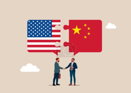 Ilustración de Relaciones políticas bilaterales y cooperación entre Estados Unidos de América y China. Ilustración vectorial plana - Imagen libre de derechos
