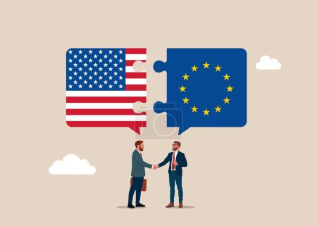 Ilustración de Relaciones políticas bilaterales y cooperación entre Estados Unidos de América y la Unión Europea. Ilustración vectorial plana - Imagen libre de derechos