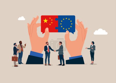 Cooperation, partnership between countries. Teamwork concept. Business team connect China and European Union flags. Vector illustration.