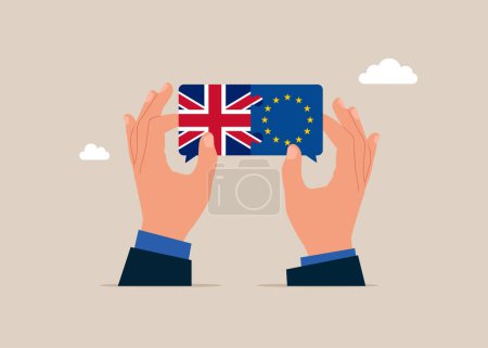 Bilateral political relations. Hands connect Great Britain and European Union flags. Vector illustration.