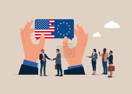 Communication success. Business team connect United State of America and European Union flags. Bilateral political relations. Vector illustration.