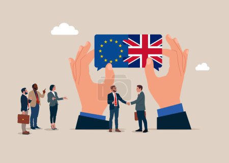 Illustration for Cooperation, partnership between countries. Teamwork concept. Business team connect Great Britain and European Union flags. Vector illustration. - Royalty Free Image