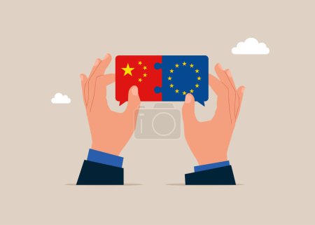 Hands connect China and European Union flags. Bilateral political relations. Vector illustration.