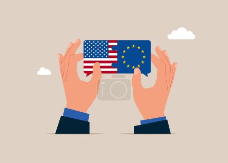 Bilateral political relations. Hands connect United State of America and European Union flags. Vector illustration.