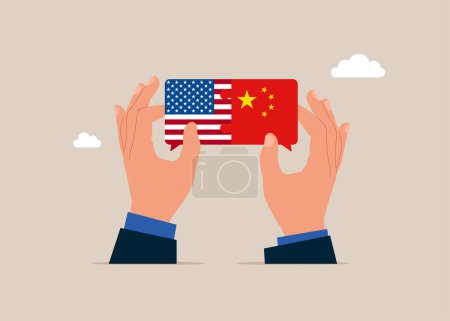 Bilateral political relations. Hands connect United State of America and China flags. Vector illustration.