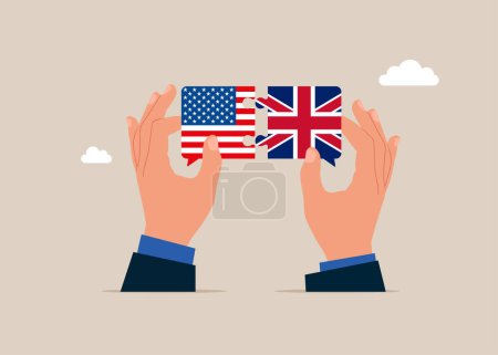 Hands connect United State of America and Great Britain flags. Bilateral political relations.  Flat vector illustration.