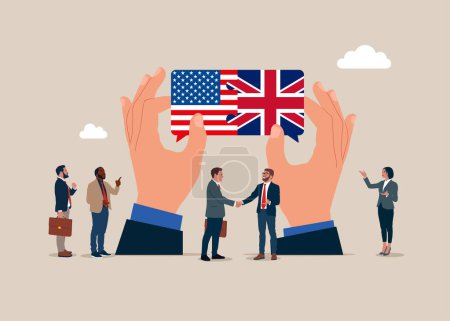 Teamwork concept. Cooperation, partnership between countries. Business team connect United State of America and Great Britain flags. Flat vector illustration.