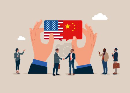 Cooperation, partnership between countries. Teamwork concept. Business team connect United State of America and China flags. Vector illustration.