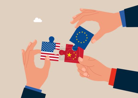 Tripartite political relations and cooperation between United State of America, European Union and China. Flat vector illustration