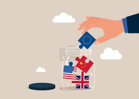 Collect puzzle countries USA, European Union, Great Britain and China. into Huge Glass Jar. Partnership and agreement to help business success. Political relations and cooperation.
