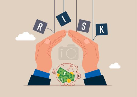 Investor with his piggy bank safety money covered. Insurance and finance saving protection in economy crisis, safety investment. Flat vector illustration