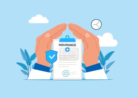 Wellbeing metaphor. Health insurance contract. Vector illustration of insurance concept.