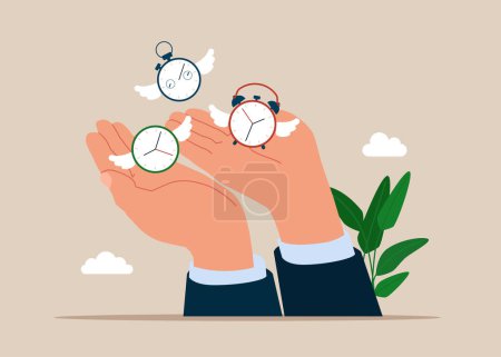 Flying away alarm clock and stop watch. Lack of time, countdown for work project deadline. Vector illustration.