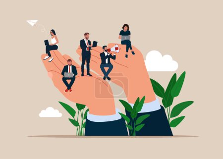 Giant hands holding office workers. Success communicate. Employee care, wellbeing at work. support of professional growth. Modern vector illustration in flat style