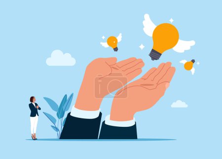 Illustration for Wellbeing metaphor. Giant hands trying to catch flying lightbulb ideas. New business ideas, search for innovation, creativity, brainstorm or invent new discovery. - Royalty Free Image