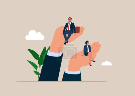 Giant hands holding man and woman. Gender pay gap, inequality between man and woman wage income, issue about gender diversification. Flat vector illustration