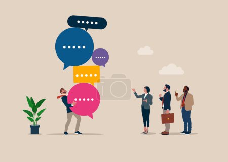 Illustration for Businessman holding many people feedbacks. Business team coworker discussing work in meeting with speech bubbles. Flat vector illustration - Royalty Free Image