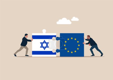 Ilustración de Conectar elementos del rompecabezas rompecabezas UE e Israel banderas. Cooperación bilateral. Ilustración vectorial plana - Imagen libre de derechos