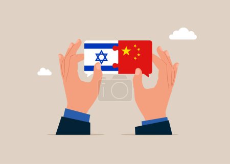 Ilustración de Relaciones políticas bilaterales. Las manos conectan banderas de China e Israel. Ilustración vectorial. - Imagen libre de derechos