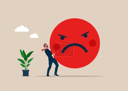 Businessman hold of wicked face symbol. Burnout from tiring work or demotivation from failure, stress. Flat vector illustration.