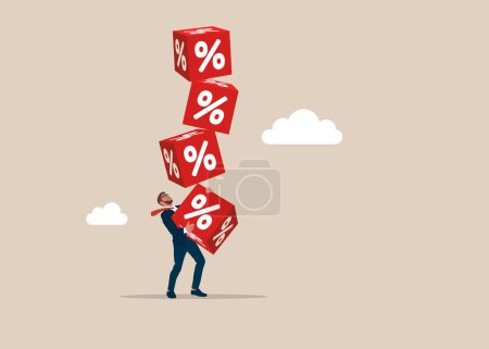 Businessman hold of stack of unstable cube block with percentage icon. Crisis monetary policy number below zero growth. Flat vector illustration