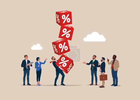 Businessman hold of stack of unstable cube block with percentage icon. Interest, financial and mortgage rates. Vector illustration.