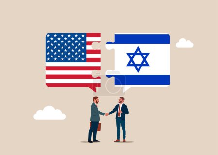 Geschäftsleute schütteln sich die Hand nach dem Geschäft. Bilaterale politische Beziehungen und Zusammenarbeit zwischen den USA und Israel. Flaggen der USA und Israels verbinden. 