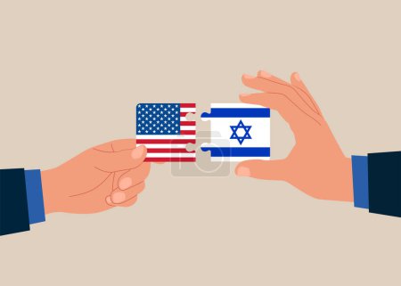 Ilustración de Las manos conectan banderas de Estados Unidos e Israel. Relaciones políticas bilaterales y cooperación entre. Ilustración vectorial - Imagen libre de derechos