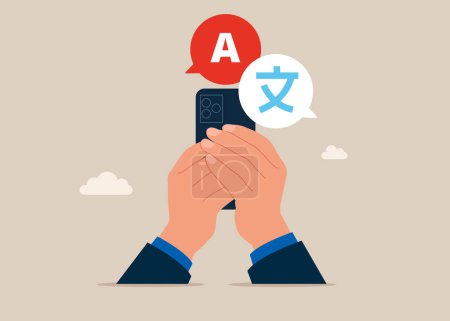 Arms hold use smart phone. Foreign language, online training, e-learning. Communication foreigners via Internet. Linguist. Flat vector illustration