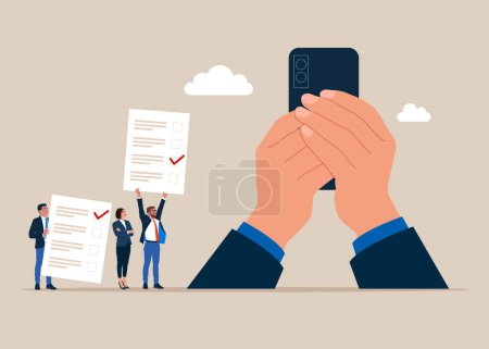Use smartphone for online voting. Paper ballots to election box. Electronic voting system for elections. Democracy Freedom Concept. Flat vector illustration