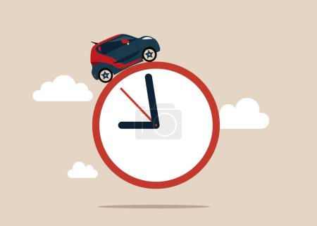 Challenge your progress and win the race. Businessman driving car huge clock clouds. Success hope and bright future. Flat vector illustration