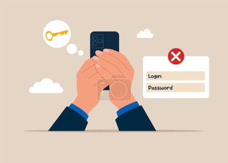 Illustration for Businessman with smartphone and forgot the password. Blocked access. Concept of forgotten password, key, account access. Flat vector illustration - Royalty Free Image