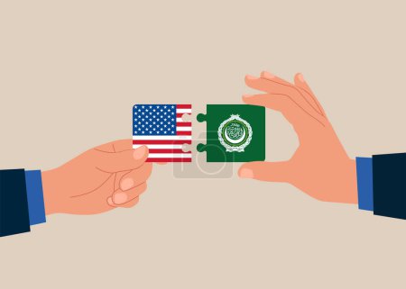Connecting puzzle elements jigsaw puzzle United State of America and League of Arab States flags. Bilateral political relations and cooperation between. Teamwork concept. Vector illustration
