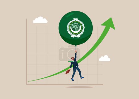 Balloon with the symbol of the Arab League flag floats higher. High global inflation. Floating interest. Inflation high up. Flat vector illustration 