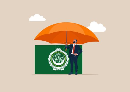 Investor mit Fahne der Arabischen Liga unter großem Regenschirm. Versicherungs- und Finanzierungssparschutz in der Wirtschaftskrise in der Liga der Arabischen Staaten, Sicherheitsinvestitionen oder Allwetter-Portfolio in der Arabischen Liga.