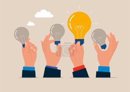 Hand with bright lightbulb. Inspiration, Brainstorming, Innovation, Business Creativity. Flat vector illustration.