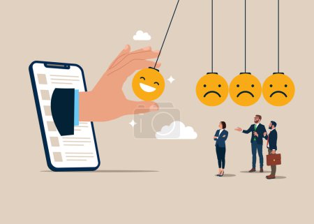 Positive thinking inspire other people happy, balance between happiness and sadness. Businessman holding smile face pendulum ball to hit other sad faces. Flat vector illustration