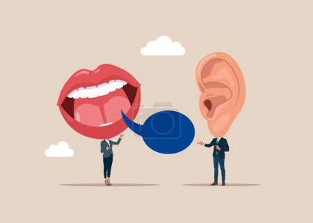 Two people big ear mouth instead head communicate. Flat vector illustration
