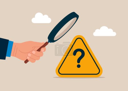 Analyst using magnifying glass to analyze question mark sign. Modern vector illustration in flat style. 