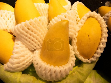 Foto de Los mangos maduros Nam Dok Mai son deliciosas frutas dulces de Tailandia. Tiene un sabor dulce y fragante que se derrite en la boca. Los mangos maduros Nam Dok Mai son populares en verano debido a su frescura. - Imagen libre de derechos