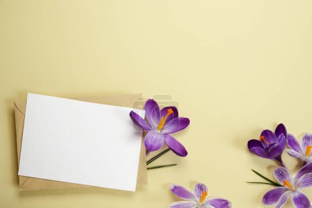 Spring mockup. Crocus flowers, paper blank on a beige background. Flat lay, top view, copy space. Beautiful holiday card. 