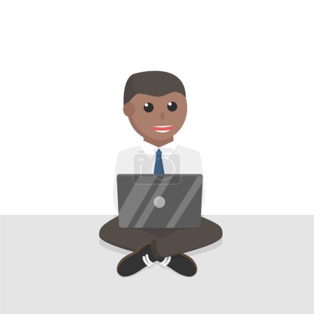 Téléchargez les illustrations : Homme d'affaires travail africain par personnage de conception d'ordinateur portable sur fond blanc - en licence libre de droit