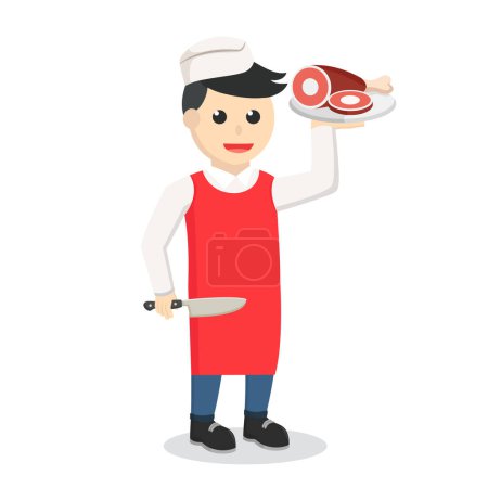 Illustration for Butcher man with meat design character on white background - Royalty Free Image